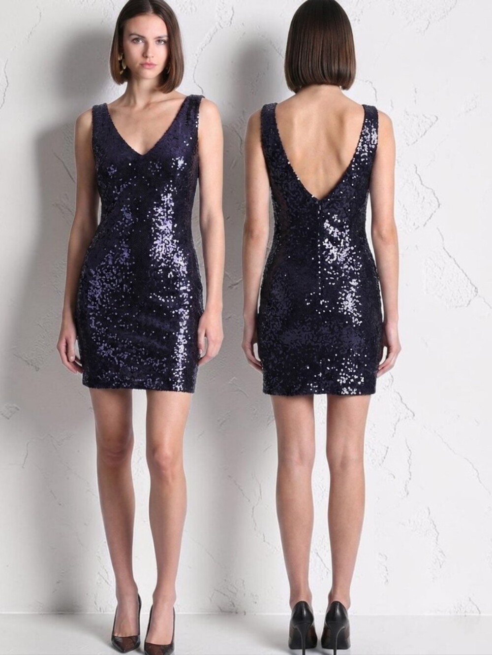 LUISA SPAGNOLI Navy Blue Sequined Sheath Cocktail Dress - Size 14